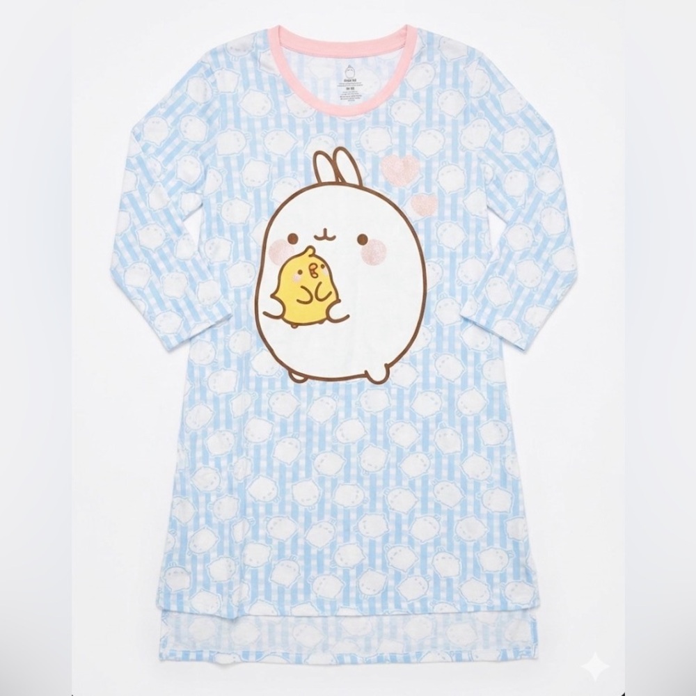 Molang Bunny & Piu Piu Pajama Dress Nightgown Medium Blue White Kawaii Anime